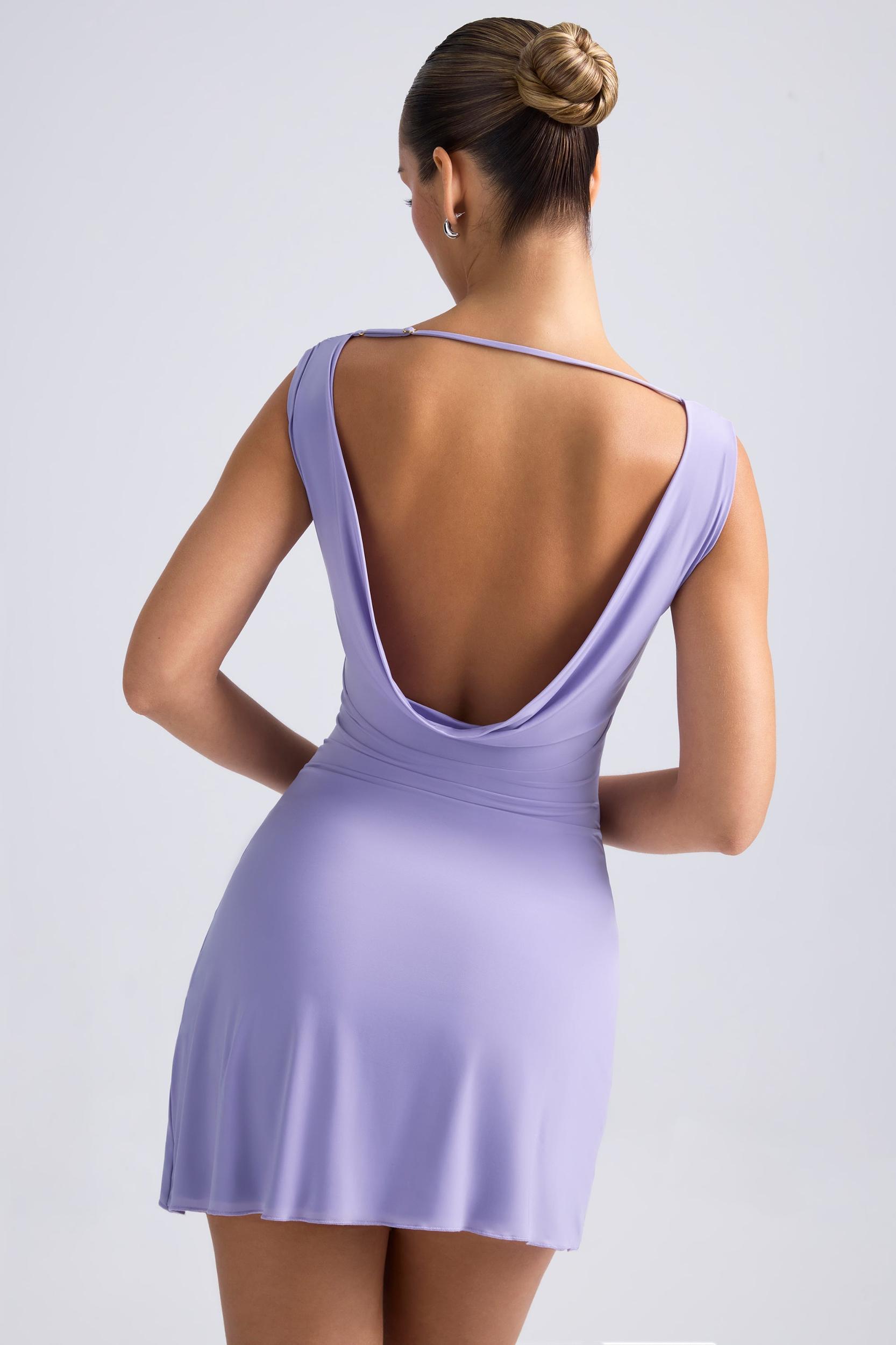 Off-Shoulder Cowl-Back A-Line Mini Dress in Dusty Lilac Product Image