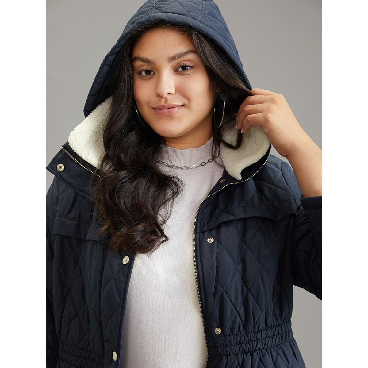 Plus Size Patchwork Padded Fuzzy Trim Zipper Quilted Coat Women Indigo Casual Lined Ladies Everyday Winter Coats BloomChic 26/4X Product Image