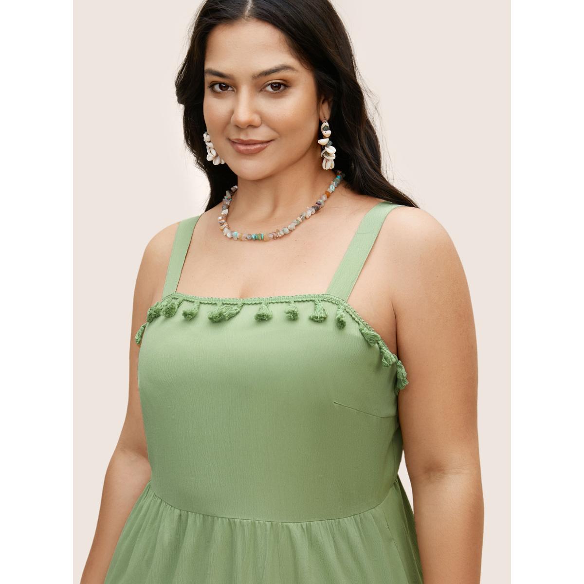 Plus Size Solid Ruffle Layered Hem Tassel Trim Dress Palemauve Women Resort Tassels Non Sleeveless Curvy BloomChic 12/L Product Image
