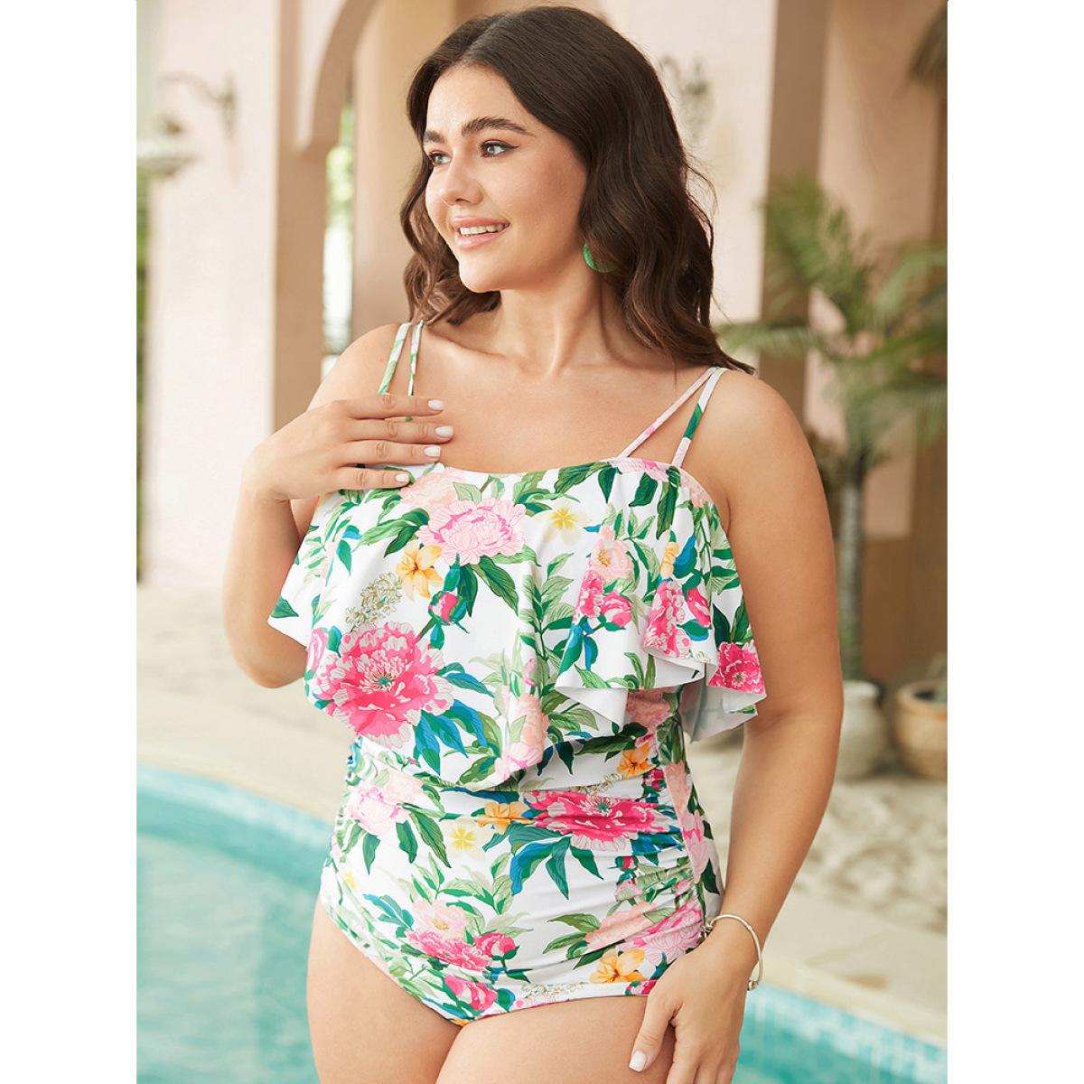 Plus Size Floral Ruched Detail Ruffle Trim Cami One Piece Swimsuit Women's Swimwear White Vacation Adjustable Straps Curve Bathing Suits High stretch One Pieces BloomChic 12/L Product Image