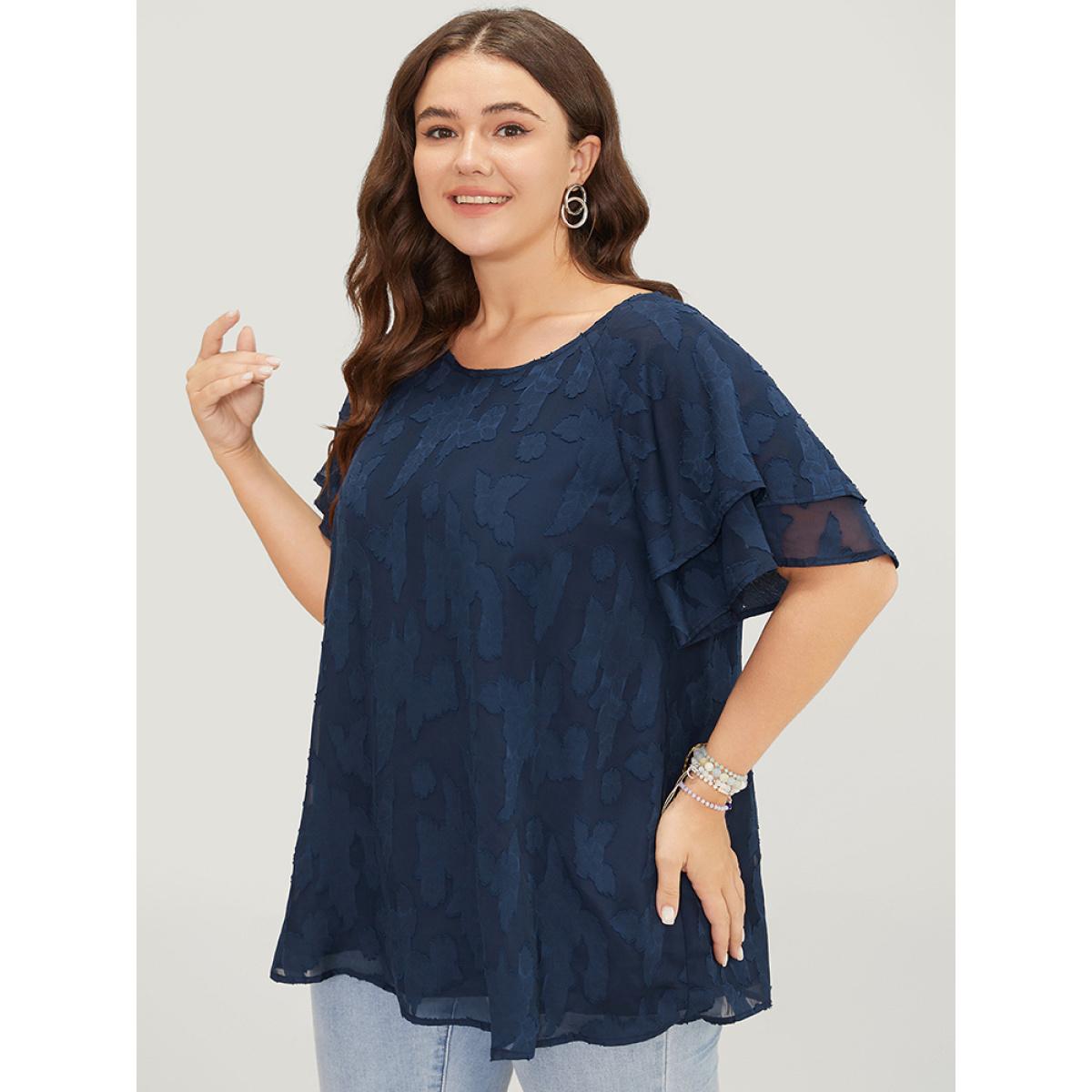 Plus Size Indigo Floral Print Ruffle Tiered Raglan Sleeve Mesh Blouse Women Elegant Short sleeve Round Neck Everyday Blouses BloomChic 18-20/2X Product Image