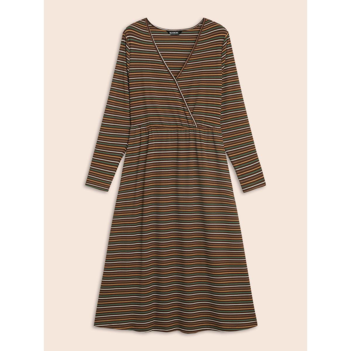 Plus Size Striped Overlap Collar Midi Dress Browncoffeecolor Women Elegant Texture Overlap Collar Long Sleeve Curvy BloomChic 18-20/2X Product Image