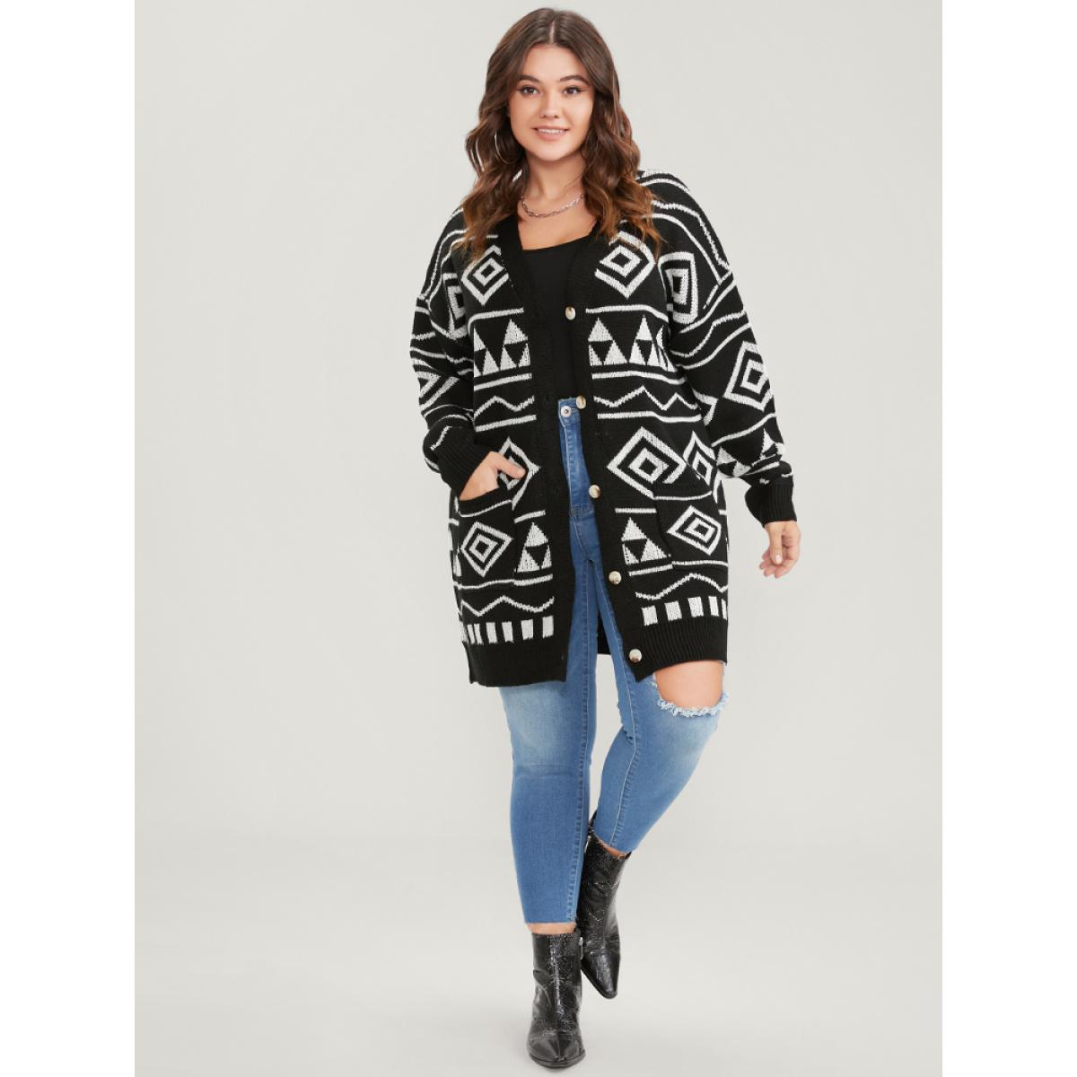 Plus Size Geometric Contrast Pointelle Knit Jacquard Pocket Button Front Cardigan BlackFlower Women Casual Loose Long Sleeve Dailywear Cardigans BloomChic 22-24/3X Product Image