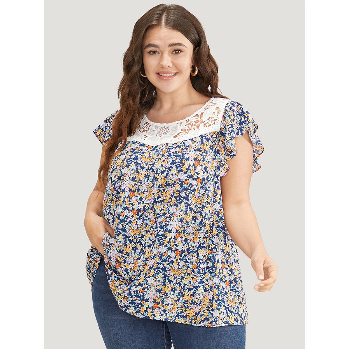 Plus Size Indigo Ditsy Floral Ruffle Sleeve Contrast Lace Blouse Women Elegant Short sleeve Round Neck Dailywear Blouses BloomChic 18-20/2X Product Image