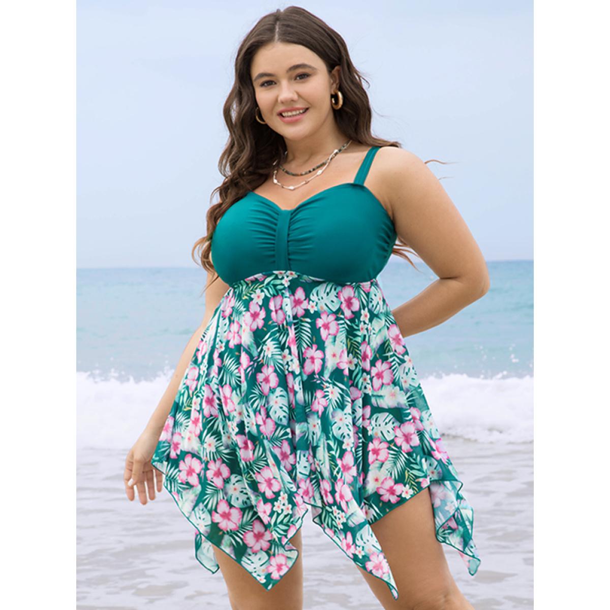 Plus Size Hanky Hem Ruched A Line Floral Patchwork Swim Dress Women's Swimwear Green Vacation Bodycon High stretch Curve Swim Dresses BloomChic 26/4X Product Image