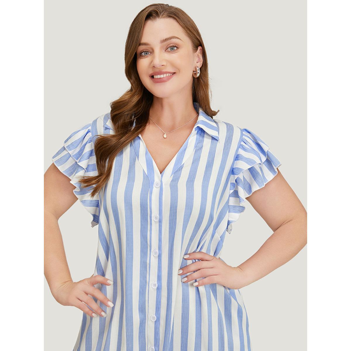 Plus Size Striped Print Ruffles Layered Cap Sleeve Button Up Dress LightBlue Women Office Contrast Lapel Collar Cap Sleeve Curvy Knee Dress BloomChic 12/L Product Image