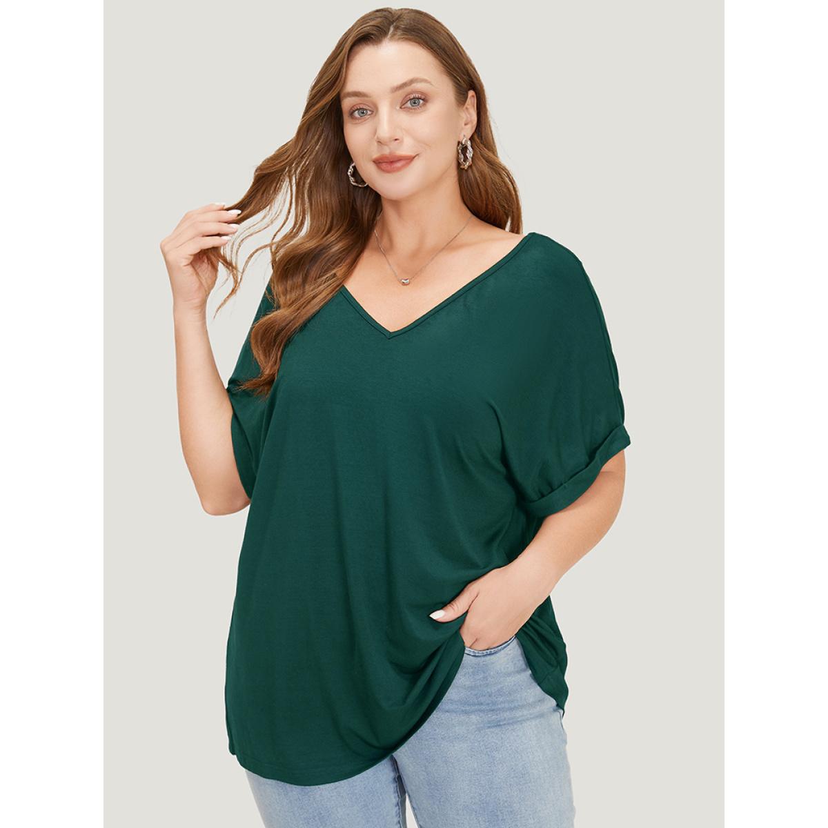 Plus Size Solid Backless Roll Sleeve Cut Out T-shirt Green Women Elegant Cut-Out Plain V-neck Dailywear T-shirts BloomChic 18-20/2X Product Image