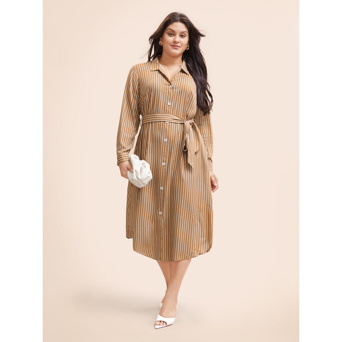 Plus Size Striped Shirt Collar Curved Hem Midi Dress LightBrown Women Workwear Essentials Belted Shirt collar Long Sleeve Curvy BloomChic 28/5X Product Image