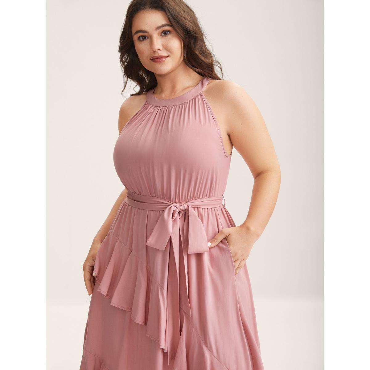 Plus Size Ruffled Halter Neck Solid Midi Dress Watermelon Women Halter neck Sleeveless Curvy BloomChic 12/L Product Image