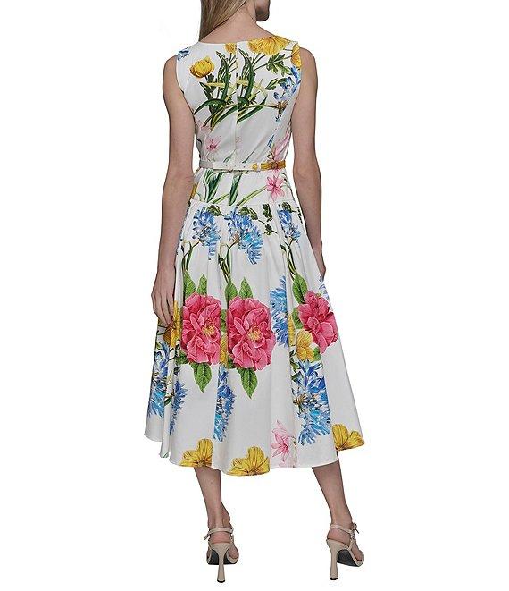 KARL LAGERFELD PARIS Poplin Floral Print Crew Neck Sleeveless Belted Drop Waist Midi Dress Product Image