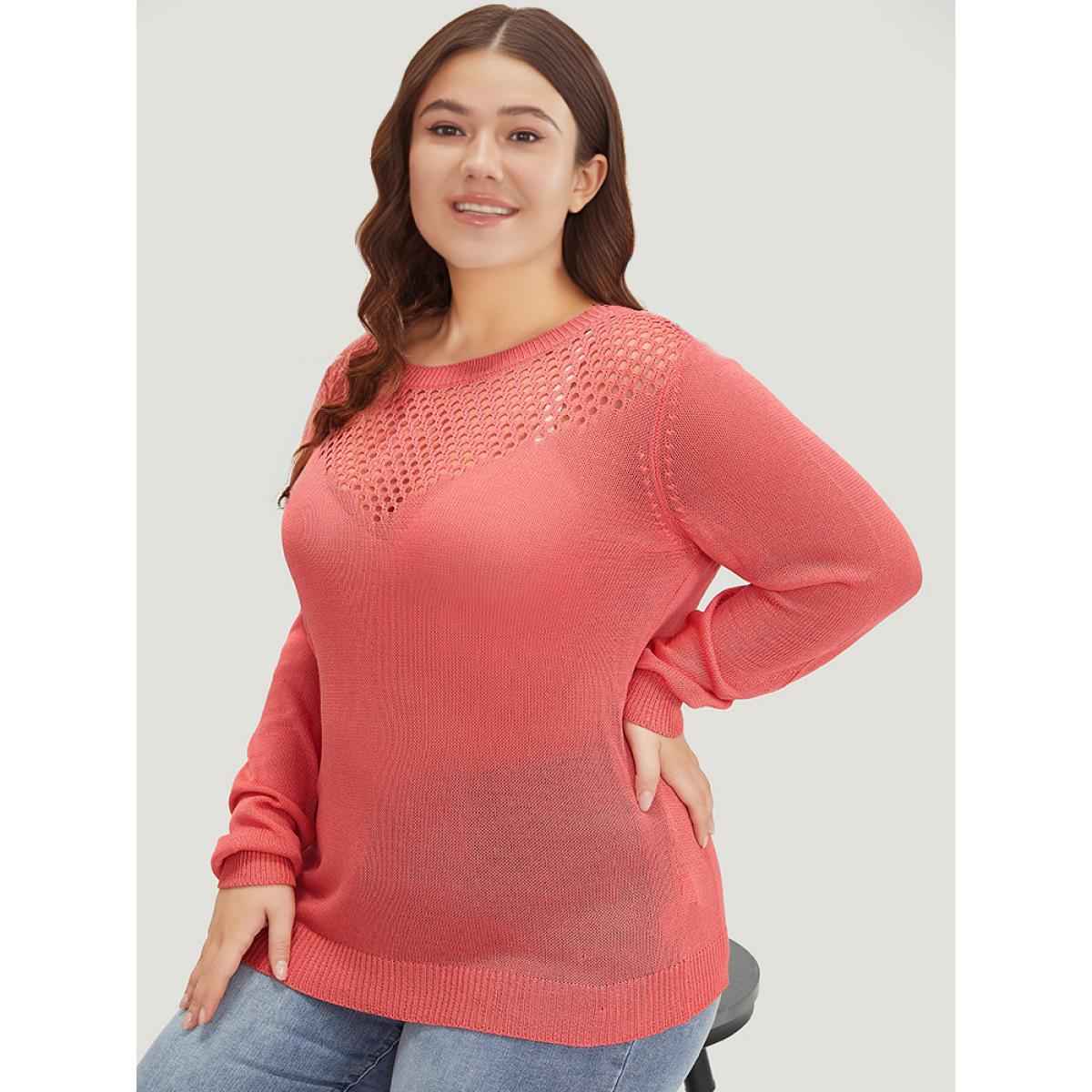 Plus Size Plain Patchwork Cut Out Round Neck Pullover Watermelon Women Casual Bodycon Long Sleeve Round Neck Everyday Pullovers BloomChic 22-24/3X Product Image