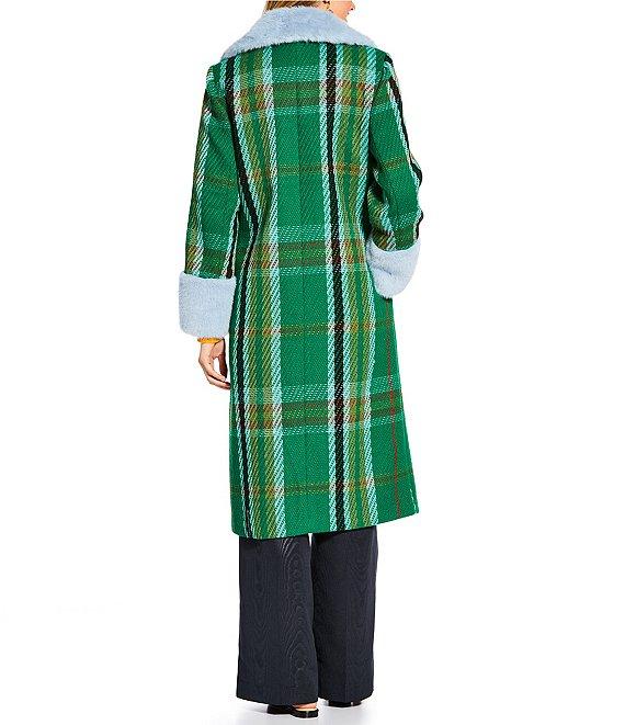 Antonio Melani x The Nat Note Patsy Textured Plaid Tweed Peter Pan Faux Fur Collar Trench Coat Product Image