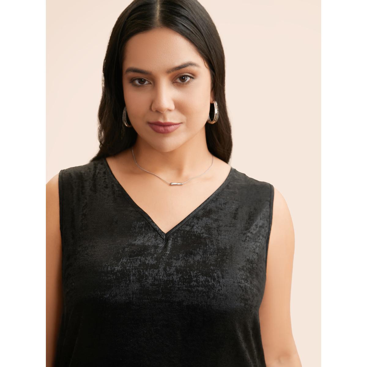 Plus Size V Neck Metal Texture Patchwork Tank Top Women Black Casual Patchwork V-neck Everyday Tank Tops Camis BloomChic 14-16/1X Product Image