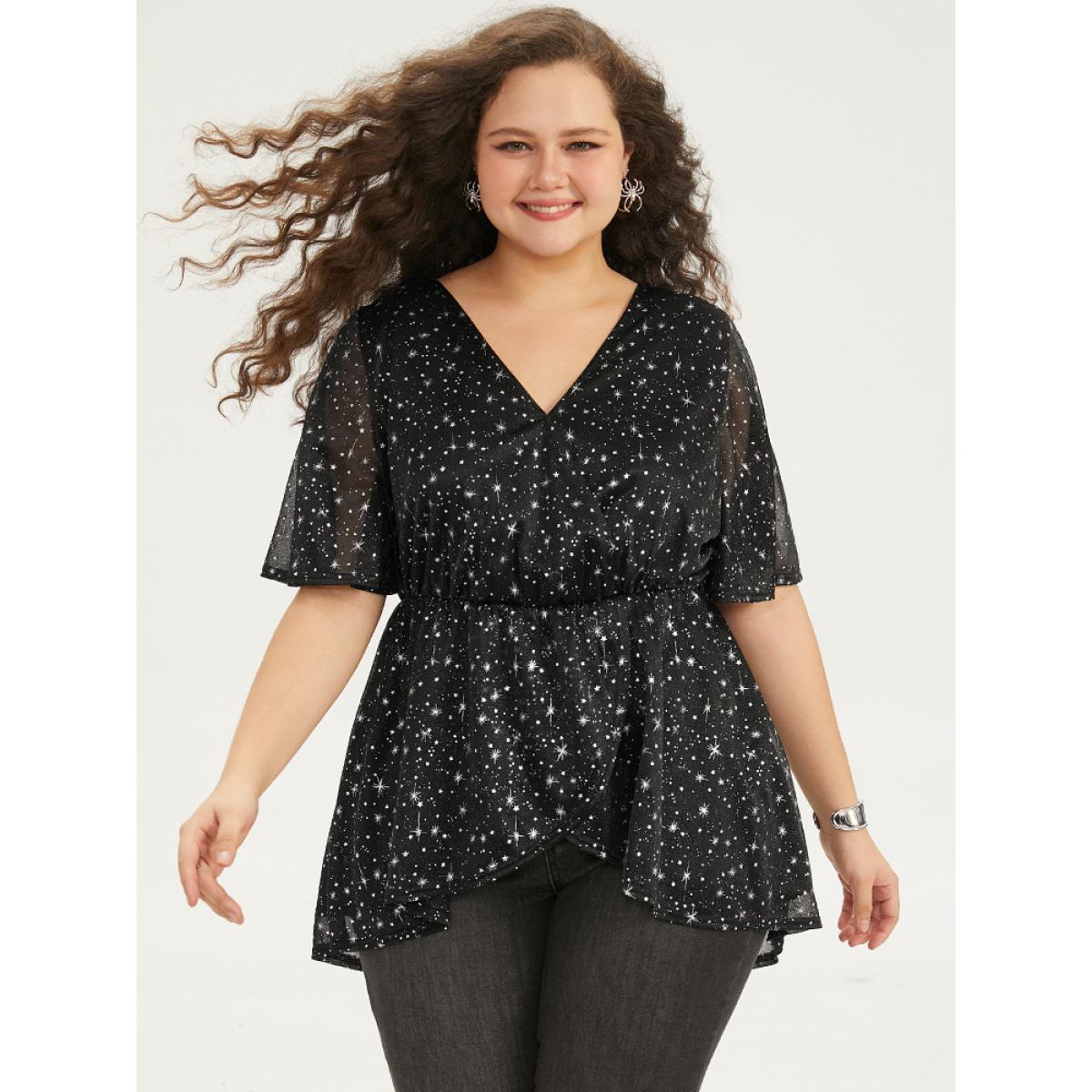 Plus Size Black Halloween Star Glitter Wrap Mesh Flutter Sleeve Blouse Women Elegant Short sleeve V-neck Festival-Halloween Blouses BloomChic 10/M Product Image