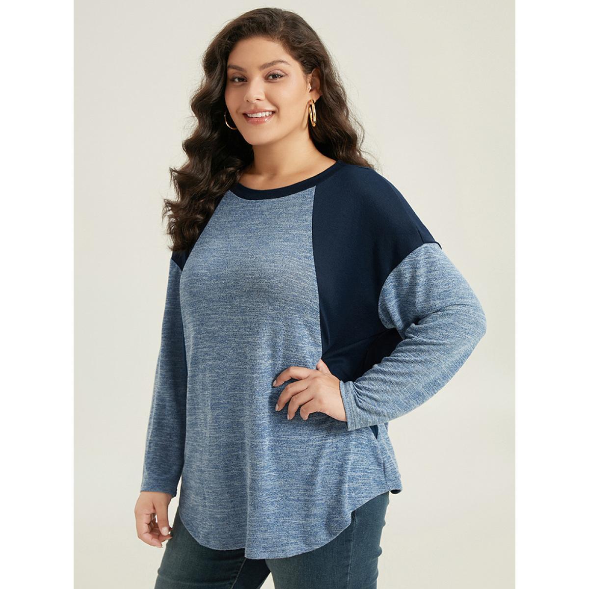 Plus Size Heather Patchwork Round Neck Curved Hem T-shirt Blue Women Elegant Contrast Plain Round Neck Dailywear T-shirts BloomChic 26/4X Product Image