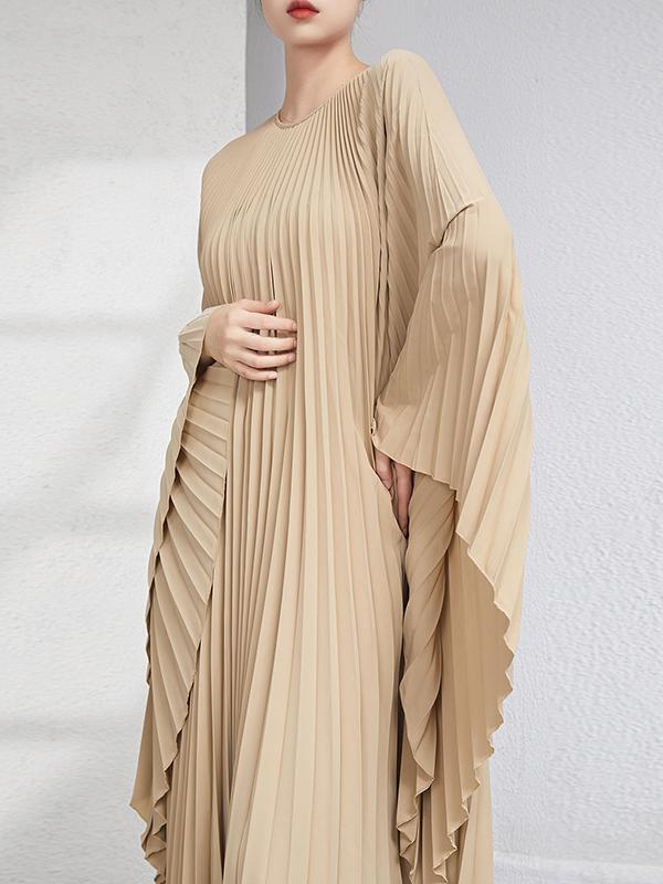 Batwing Sleeves Loose Pleated Solid Color Maxi Dresses Product Image