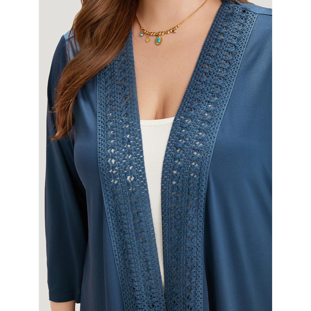 Plus Size Supersoft Essentials Plain Lace Patchwork Open Front Kimono Women DarkBlue Casual Plain Dailywear Kimonos BloomChic 10/M Product Image