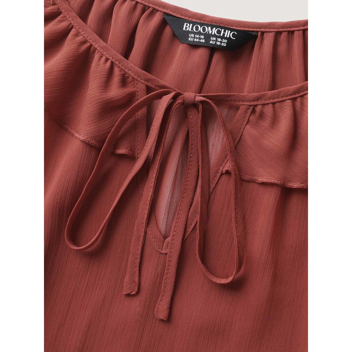Plus Size Rust Sheer Ruffled Neck Flowy Solid Blouse Women Boho Extra Long Sleeve Notched collar Vacation Blouses BloomChic 14-16/1X Product Image