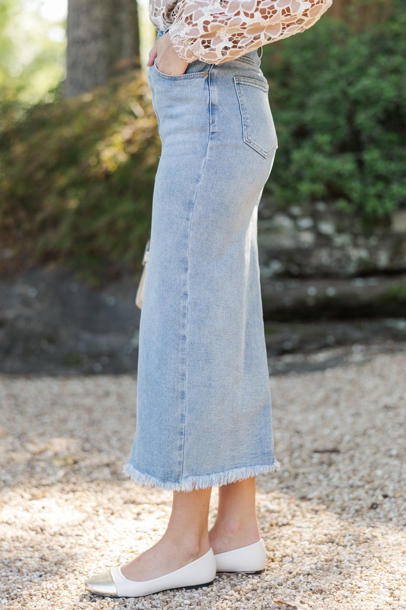 Ready And Radiant Medium Wash Denim Midi Skirt Female Product Image