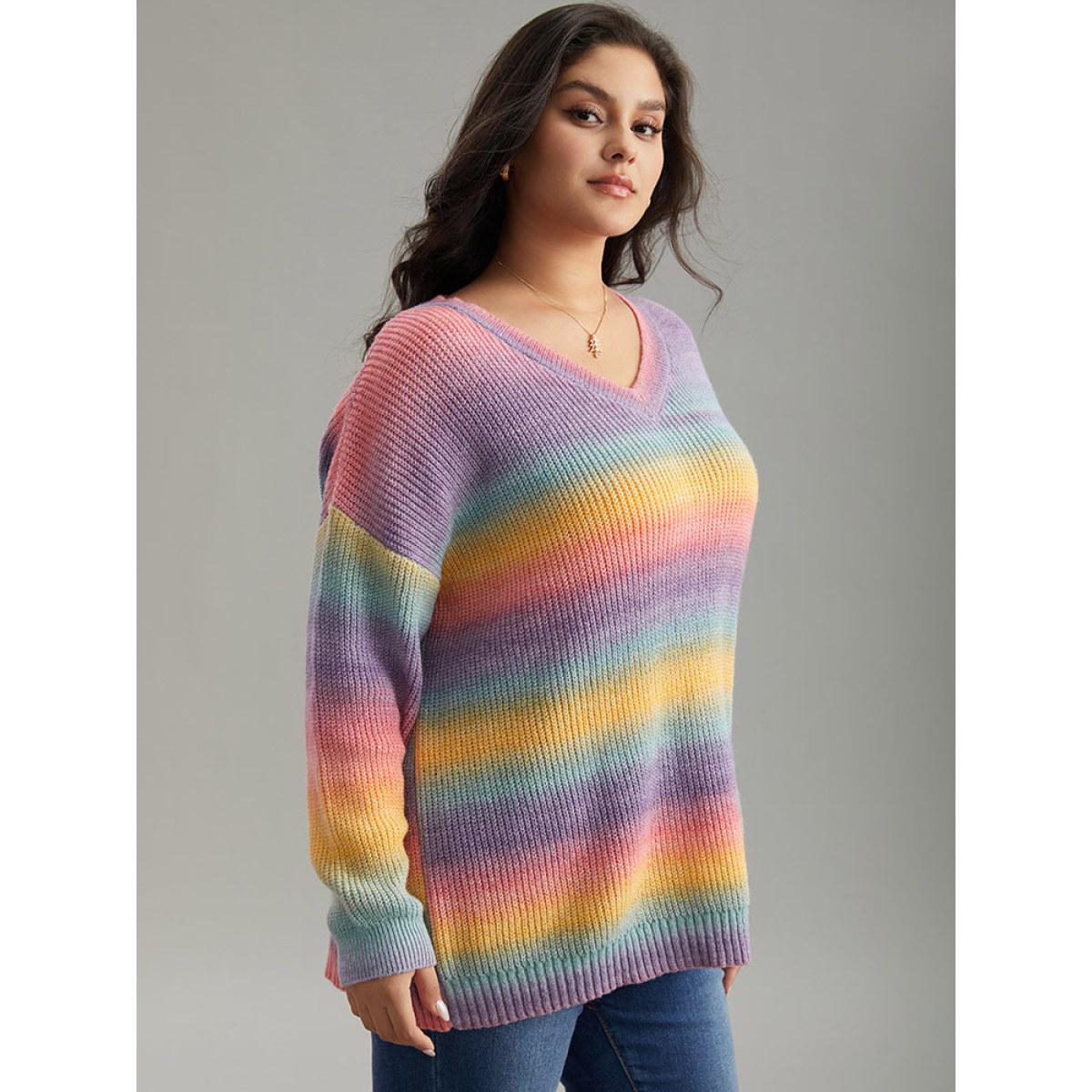 Plus Size Rainbow Ombre V Neck Loose Pullover Multicolor Women Casual Loose Long Sleeve V-neck Everyday Pullovers BloomChic 26/4X Product Image