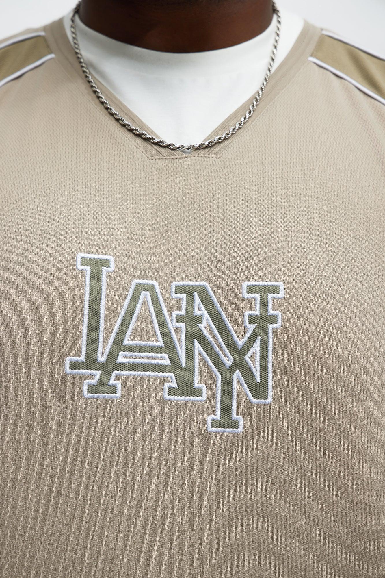 V Neck NY LA Applique Tee - Stone Product Image