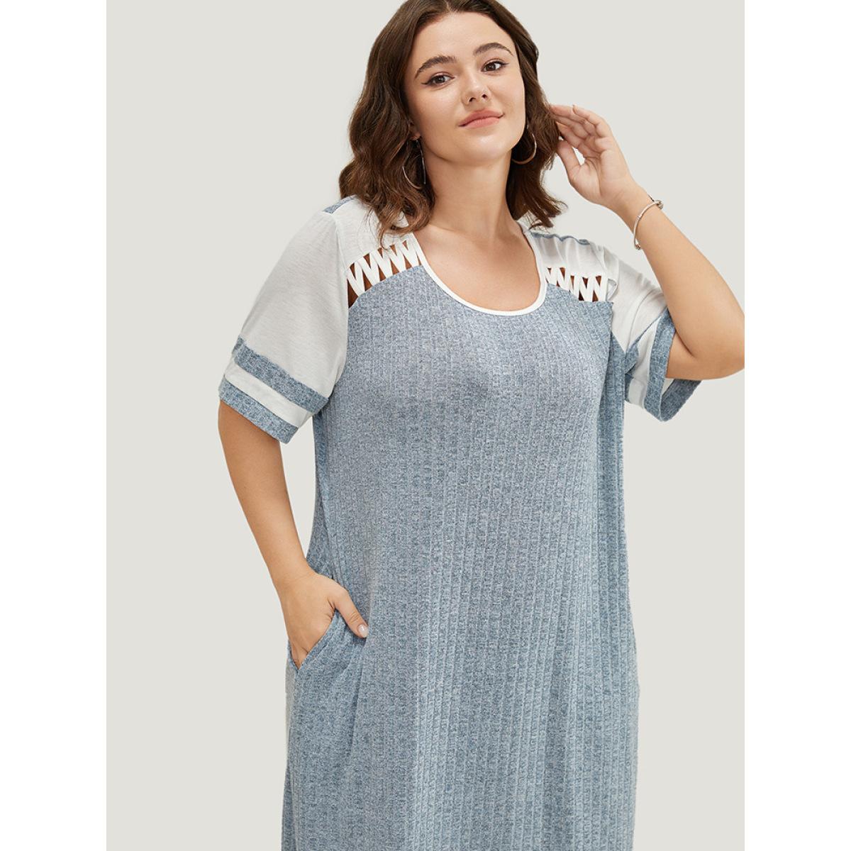 Plus Size Colorblock Contrast Pocket Crisscross Detail Rib Knit Dress Stone Women Casual Contrast Round Neck Short sleeve Curvy Midi Dress BloomChic 30/6X Product Image
