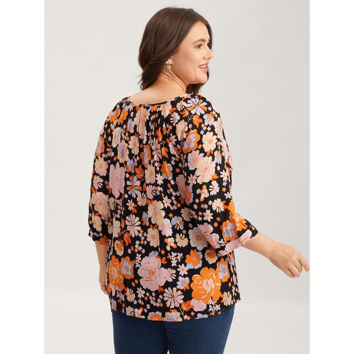 Plus Size Black Floral Textured Button Placket Blouse Women Elbow-length sleeve Round Neck Elegant Blouses BloomChic 26/4X Product Image