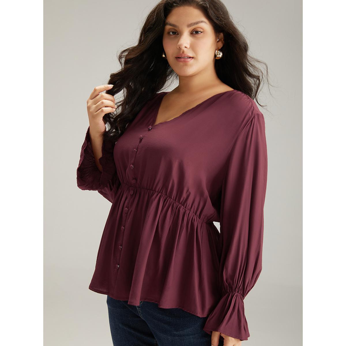 Plus Size Burgundy Button Detail Ruffle Trim Blouse Women Elegant Long Sleeve V-neck Dailywear Blouses BloomChic 18-20/2X Product Image