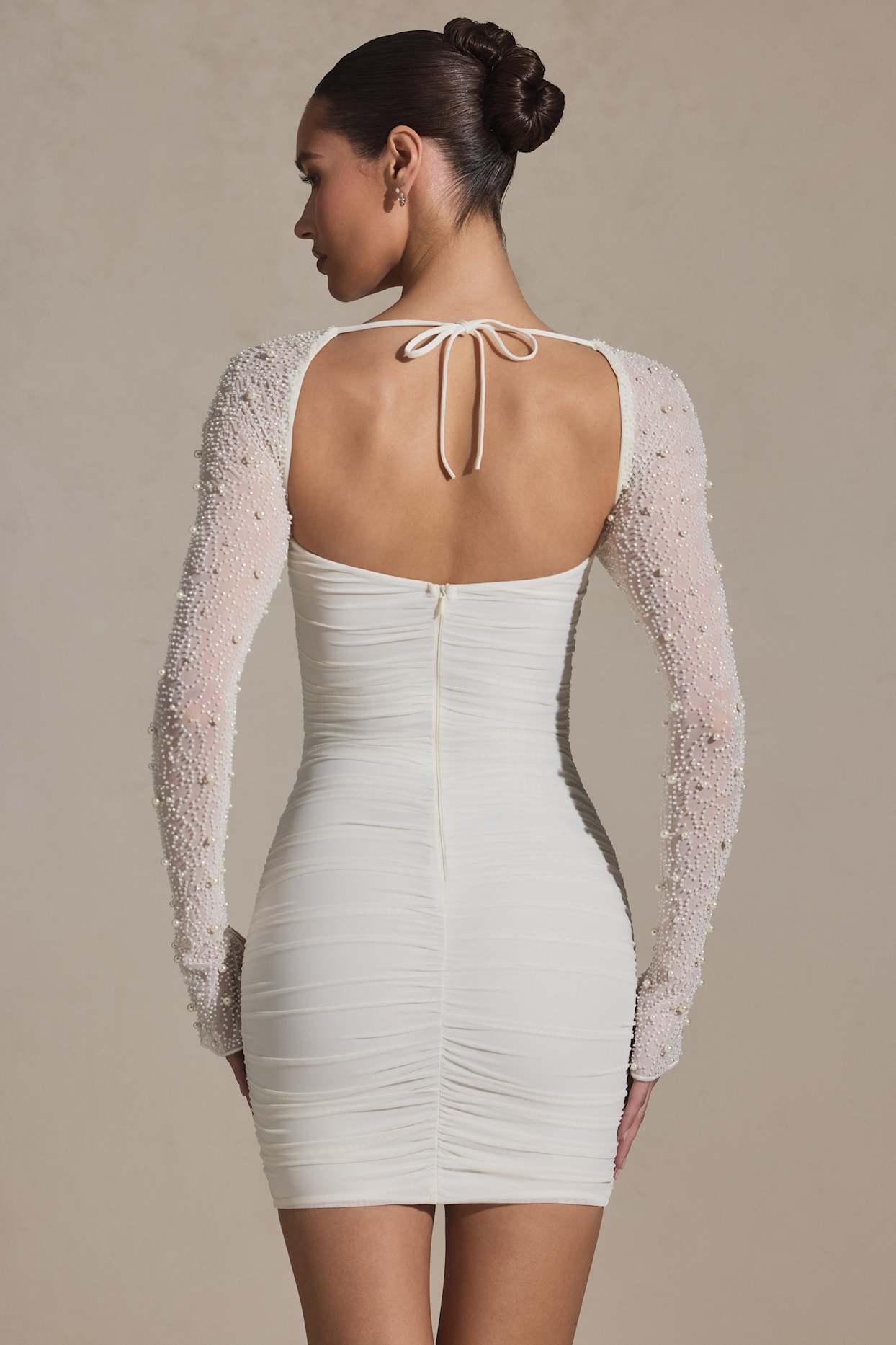 Embellished Long-Sleeve Mini Dress in White Product Image