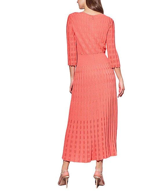 Ming Wang Pointelle Tonal Knit Square Neck 3/4 Sleeve Midi Dress Product Image