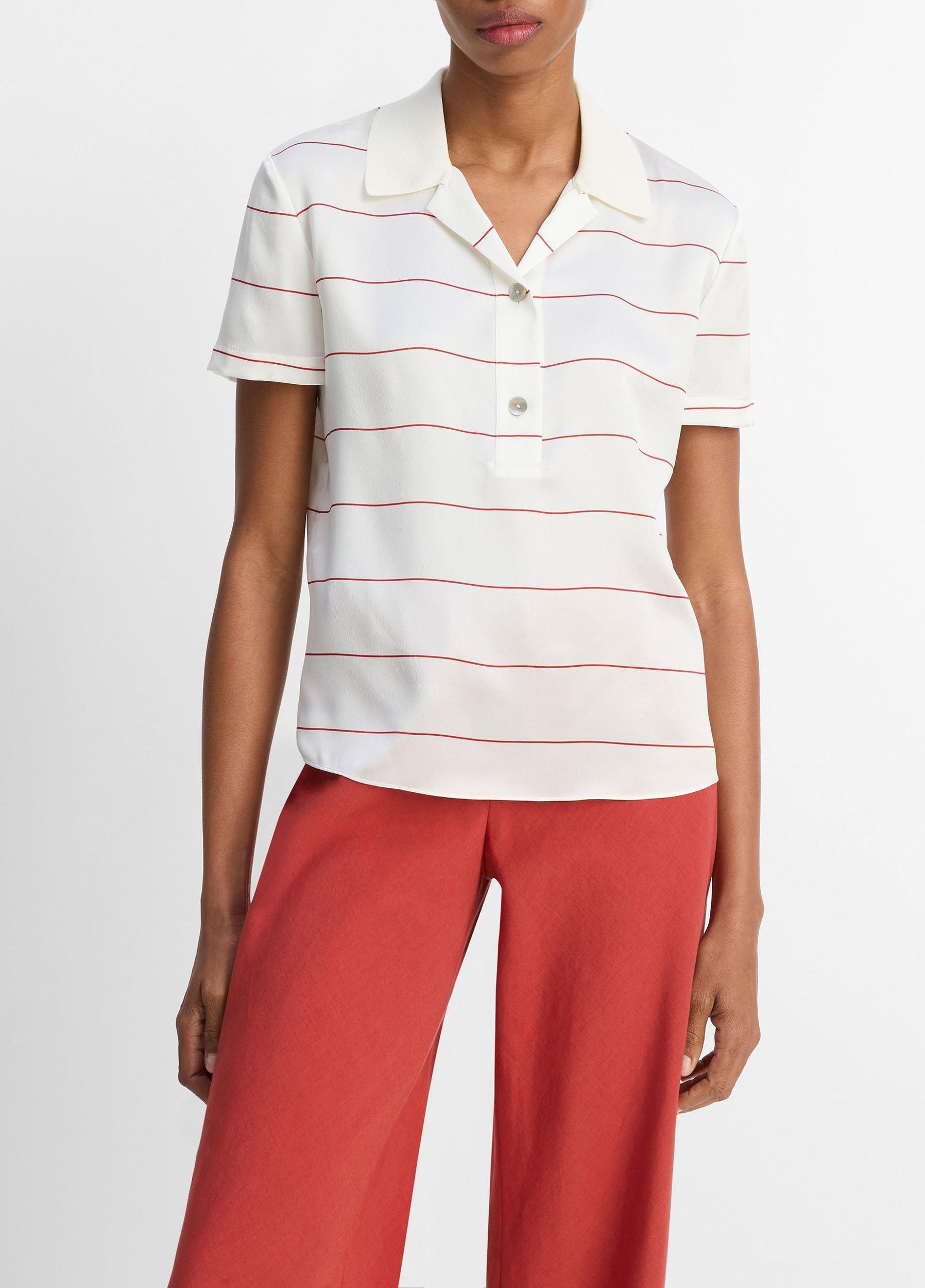 Knit-Collar Striped Silk Polo Shirt Product Image