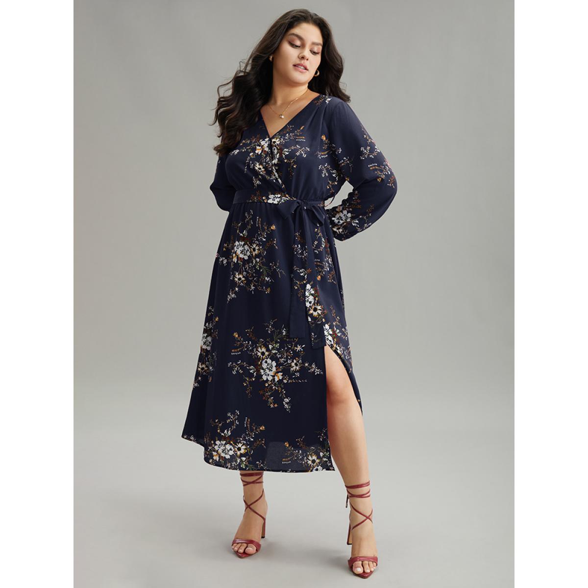Plus Size Floral Print Belted Split Surplice Neck Dress DarkBlue Women Elegant Elastic cuffs Overlap Collar Long Sleeve Curvy Midi Dress BloomChic 28/5X Product Image