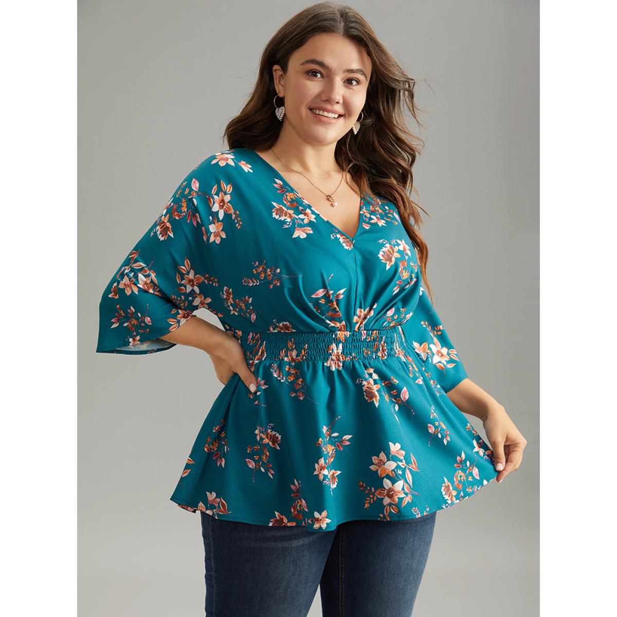 Plus Size Aegean Floral Print Shirred Plicated Detail Blouse Women Elegant Elbow-length sleeve V-neck Dailywear Blouses BloomChic 28/5X Product Image