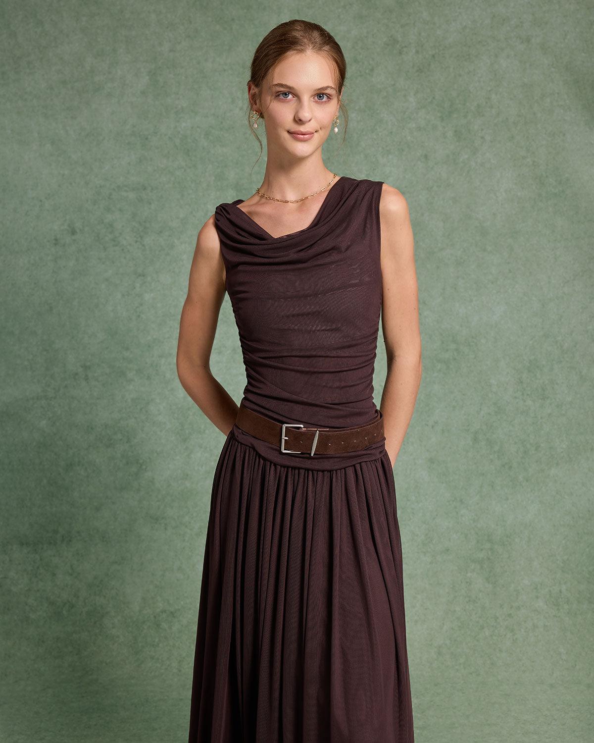 Brown Cowl Neck Belt Sleeveless Maxi Dress Product Image