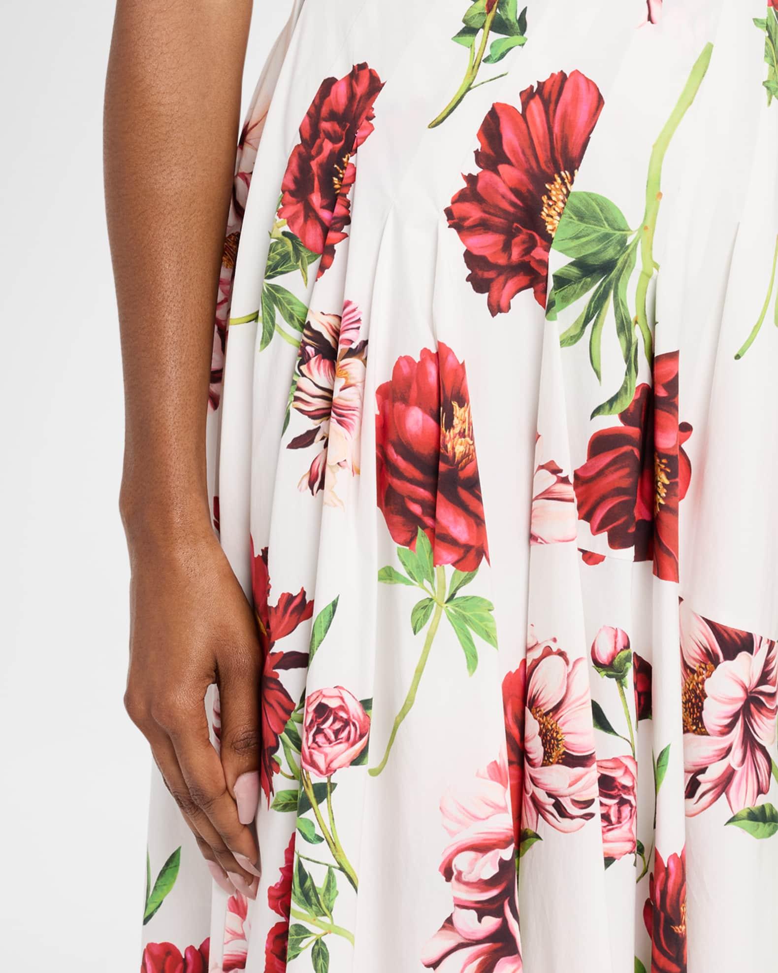 Sleeveless V-Neck Peony-Print Poplin Day Dress Product Image