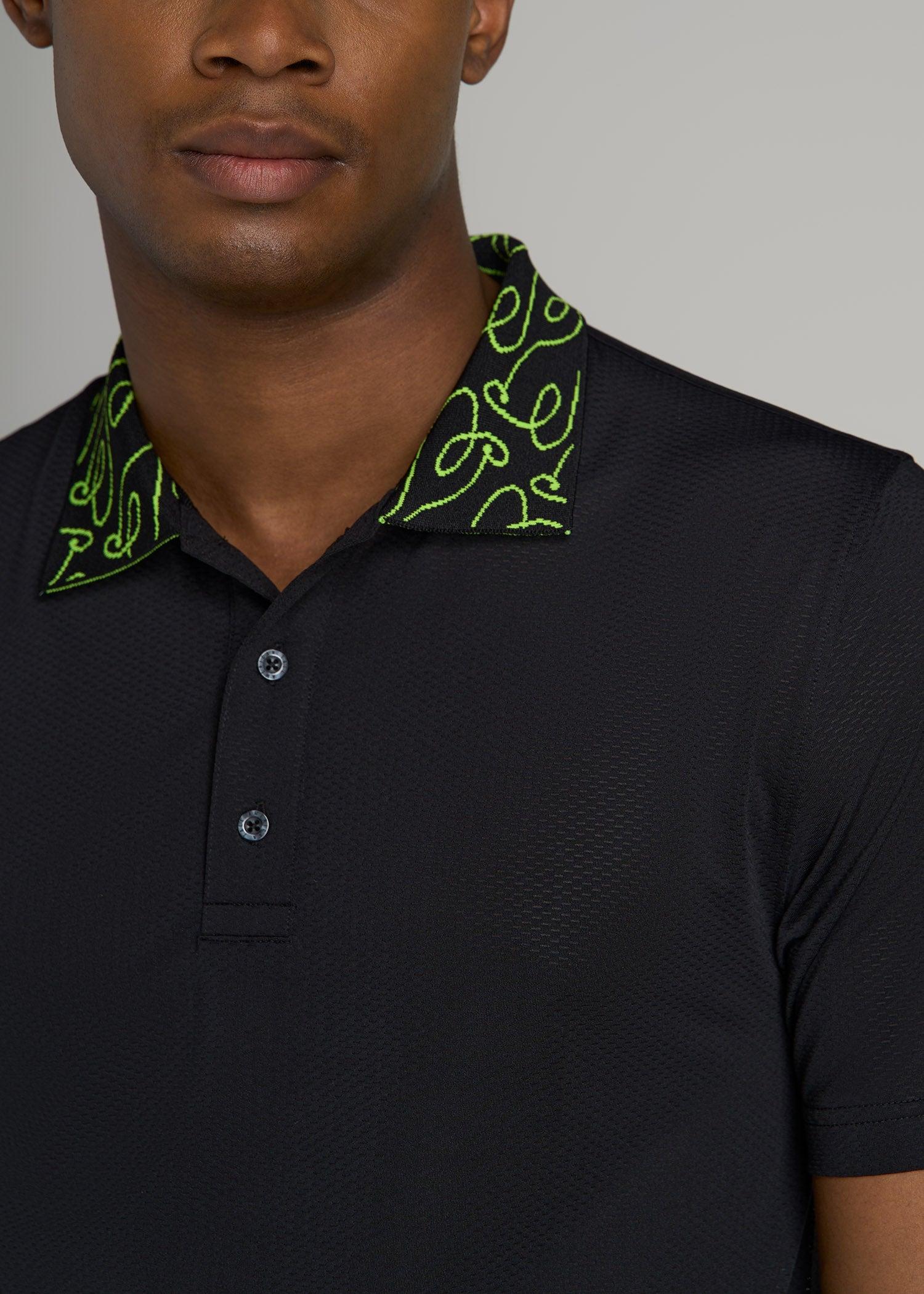 Jacquard Knit Collar Golf Polo Shirt for Tall Men in Black Male Product Image