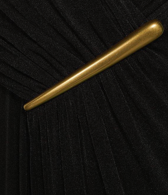 Donna Karan V-Neck Sleeveless Ruched Gold Broach Sheath Dress Product Image