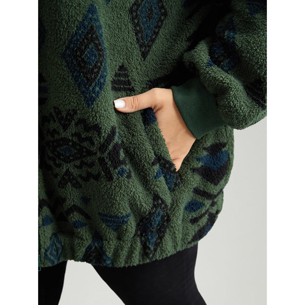 Plus Size Geometric Pocket Gathered Zipper Jacket Women Green Zipper Pocket Casual Jackets BloomChic 18-20/2X Product Image