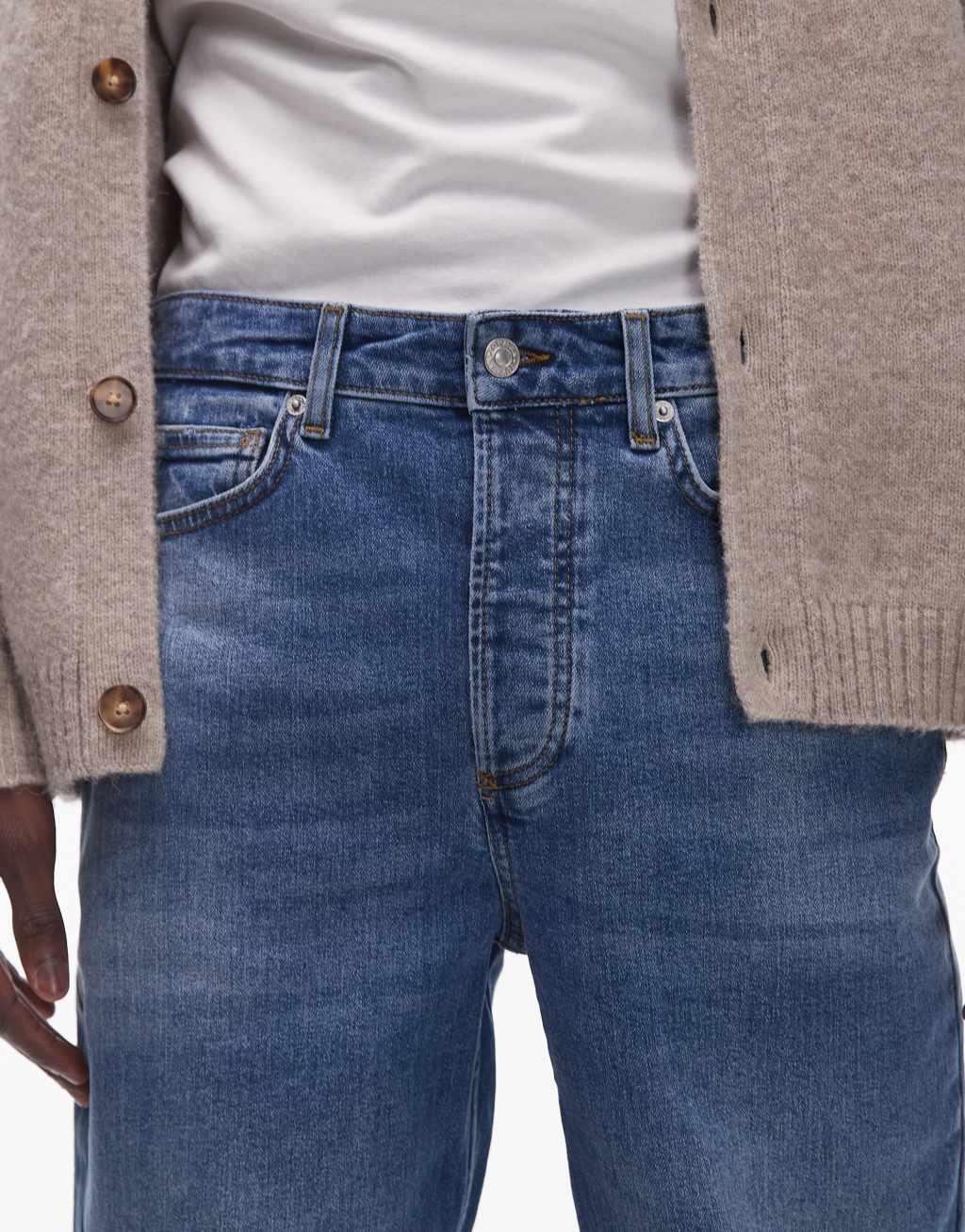 Topman stretch tapered jeans in mid wash blue Product Image