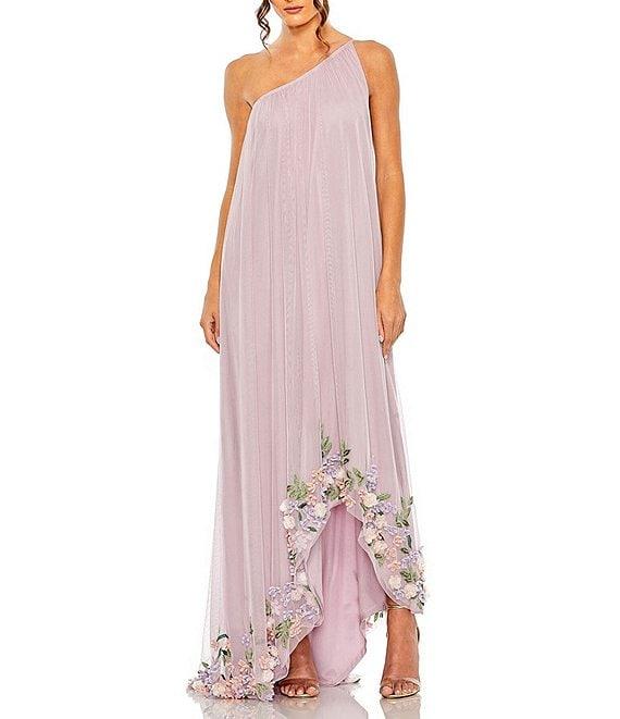 Mac Duggal Floral Pattern Embellished Tulle One Shoulder Sleeveless Trapeze Gown Product Image
