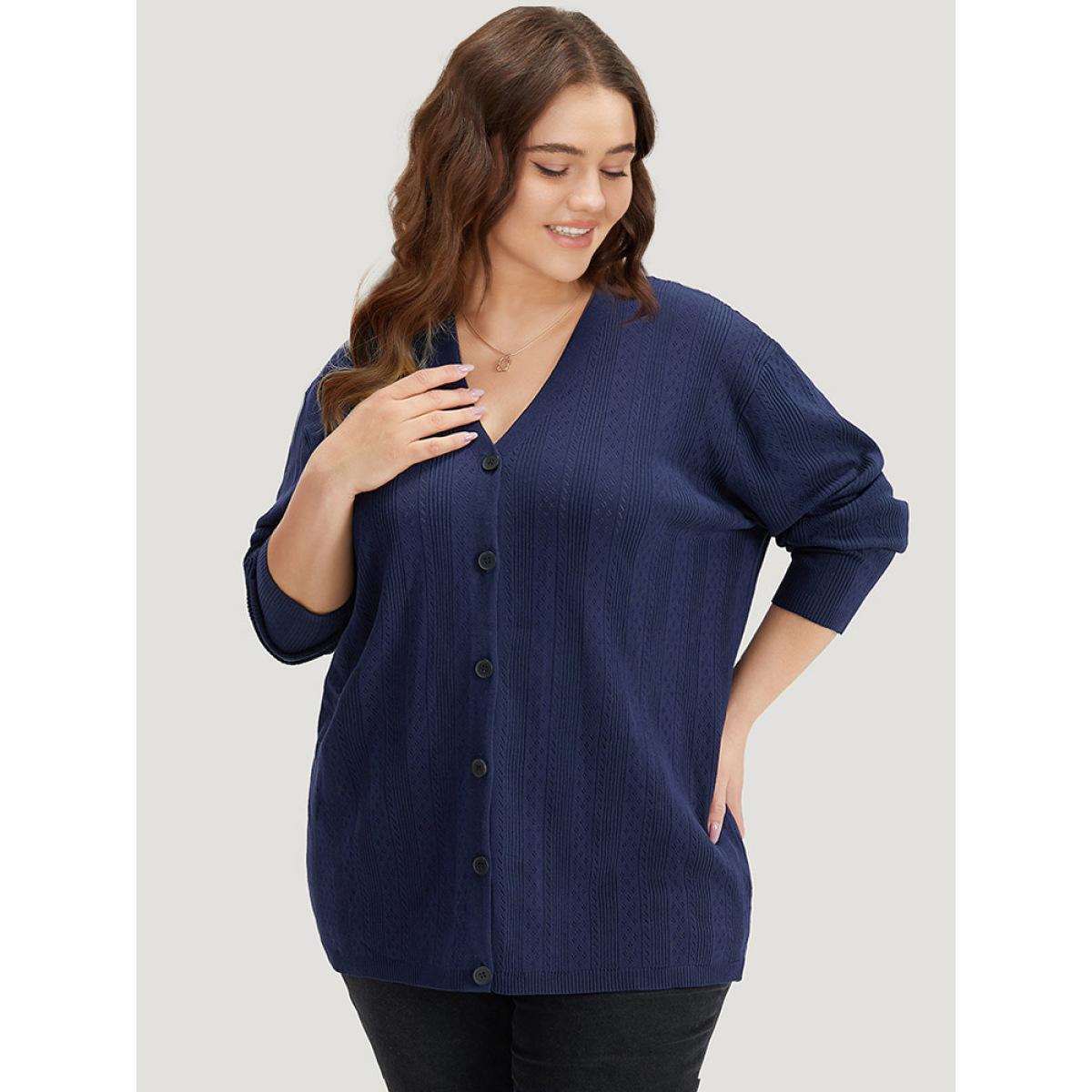 Plus Size Solid Button Down Very Stretchy Cardigan Indigo Women Casual Loose Long Sleeve Everyday Cardigans BloomChic 18-20/2X Product Image