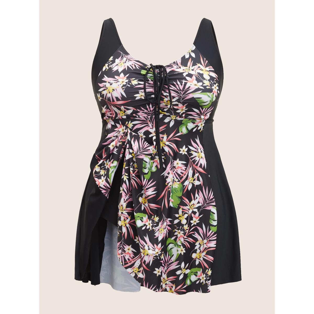 Plus Size Tropical Print Patchwork Drawstring Swim Dress Women's Swimwear Black Beach Bodycon U-neck High stretch Curve Swim Dresses BloomChic 10/M Product Image