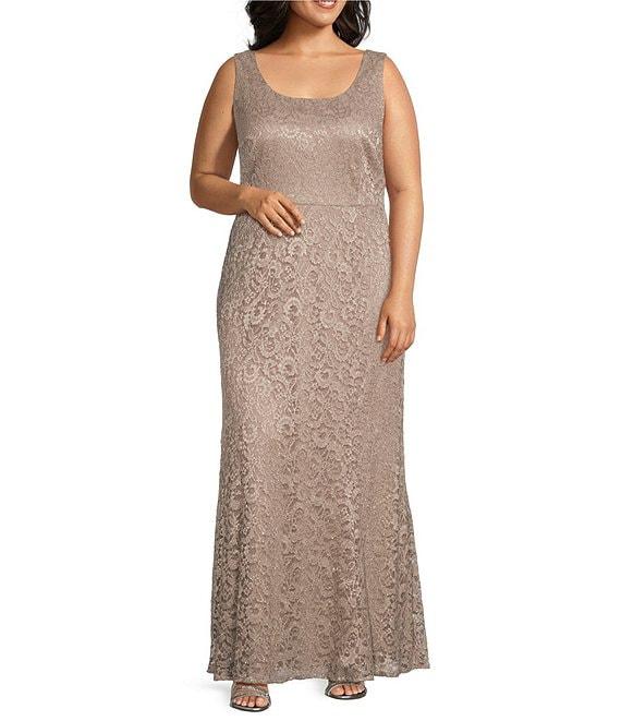 R & M Richards Plus Size Stretch Lace Charmeuse Round Neck 3/4 Sleeves Glitter 2-Piece Jacket Dress Product Image