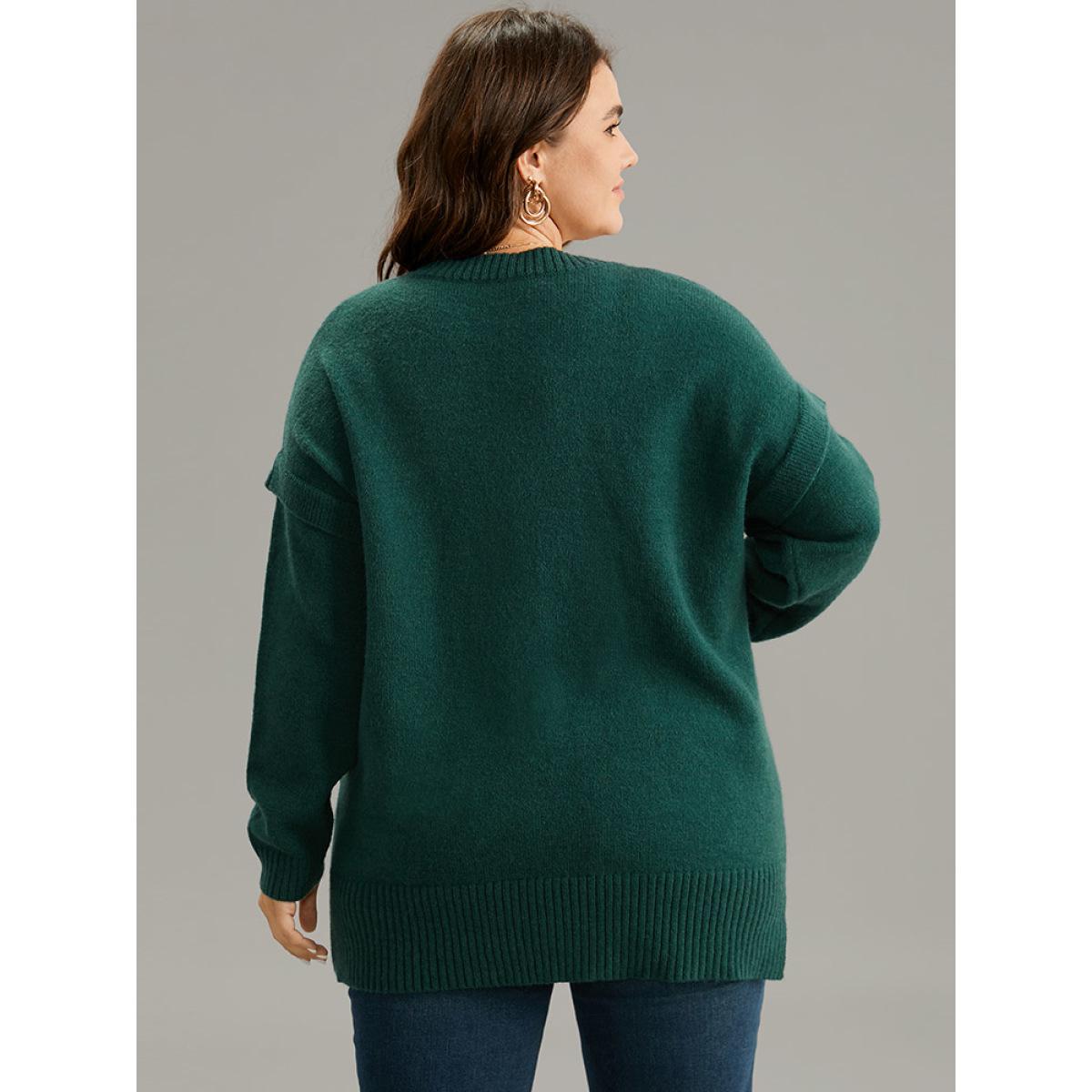 Plus Size Cable Knit Patchwork Drop Shoulder Pullover DarkGreen Women Casual Loose Long Sleeve V-neck Dailywear Pullovers BloomChic 14-16/1X Product Image
