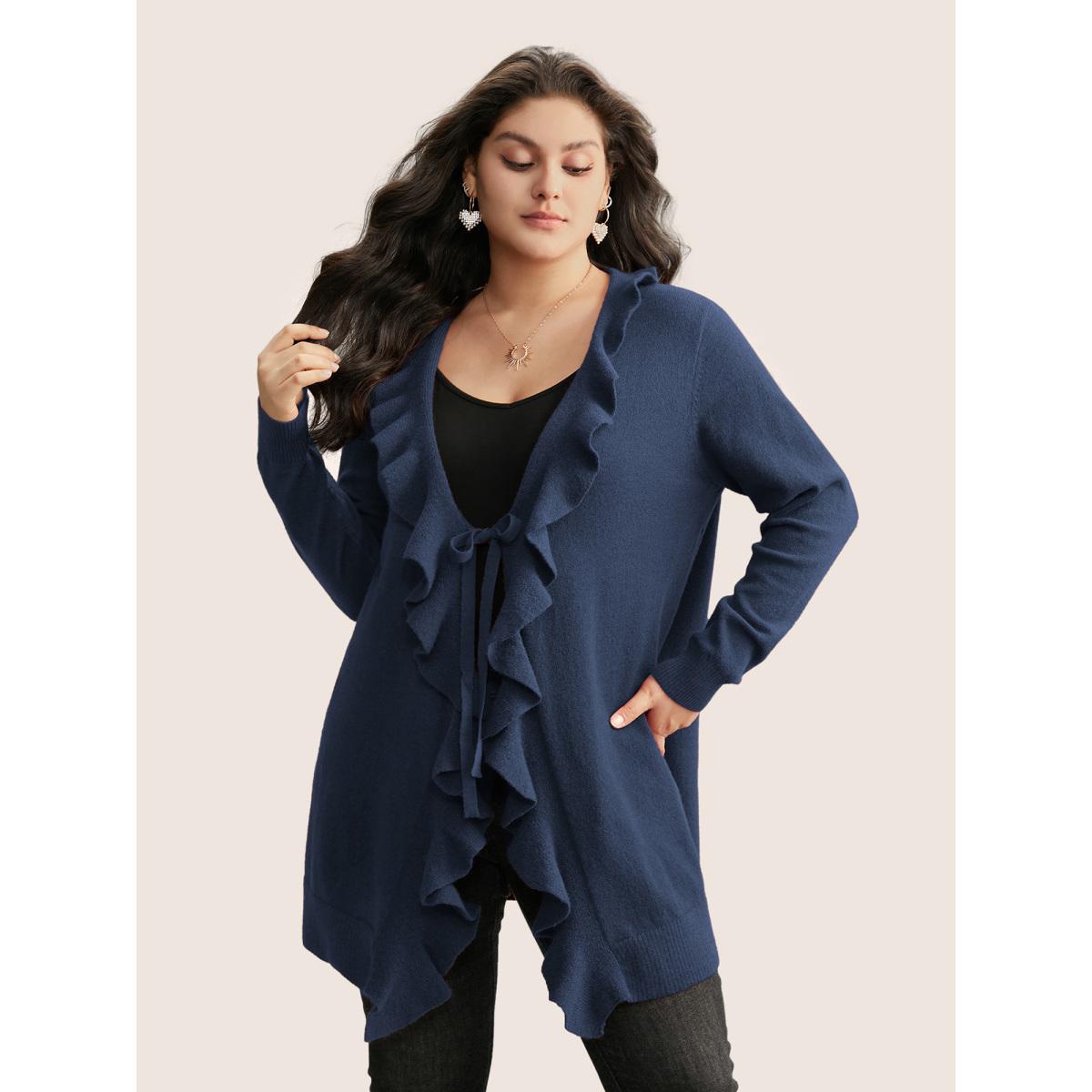 Plus Size Supersoft Essentials Solid Ruffle Trim Ties Cardigan Indigo Women Leisure Long Sleeve Casual Cardigans BloomChic 30/6X Product Image