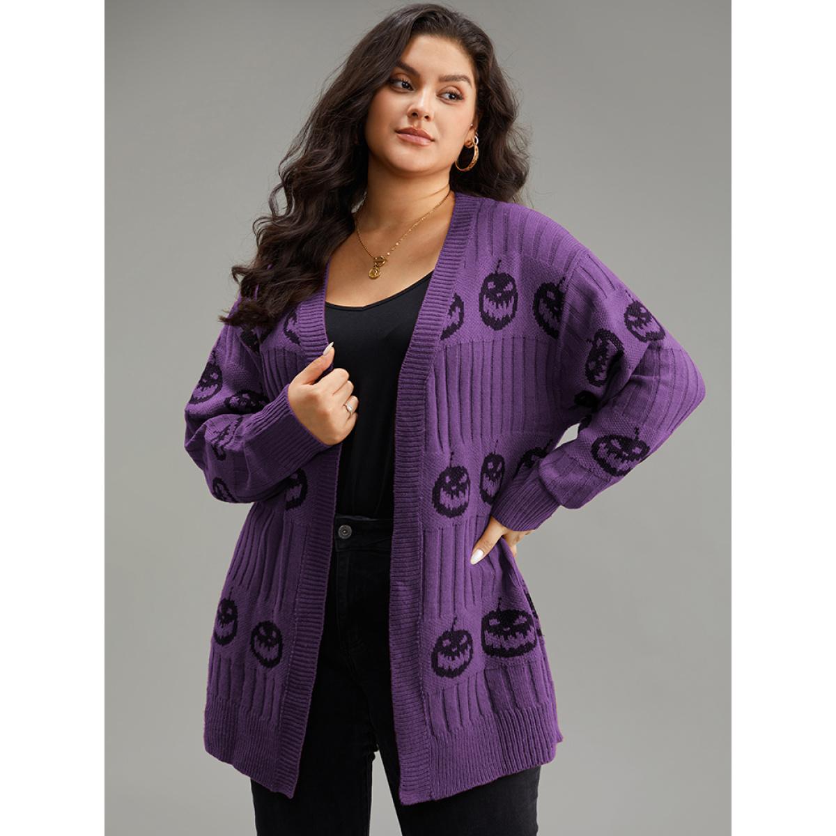Plus Size Halloween Pumpkin Graphic Open Front Cardigan Purple Women Casual Loose Long Sleeve Festival-Halloween Cardigans BloomChic 28/5X Product Image