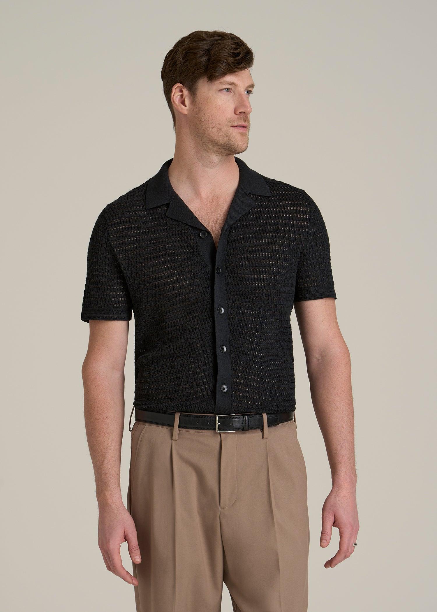 Short Sleeve Crochet Polo Cardigan for Tall Men in Black Male Product Image