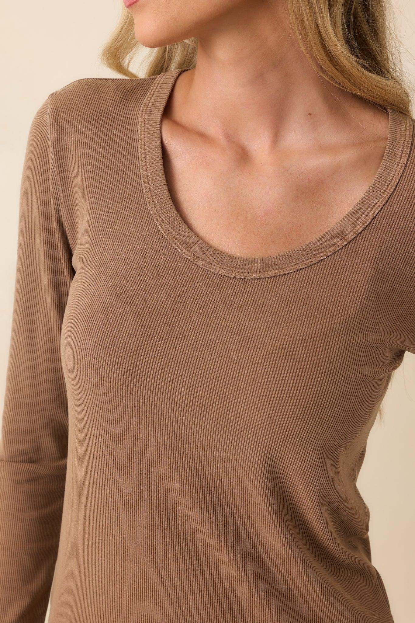 There When You Need It Mocha Brown Ribbed Long Sleeve Tee L / Mocha Product Image