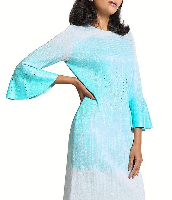 Ming Wang Soft Knit Ombre Round Neck 3/4 Bell Sleeve Dress Product Image