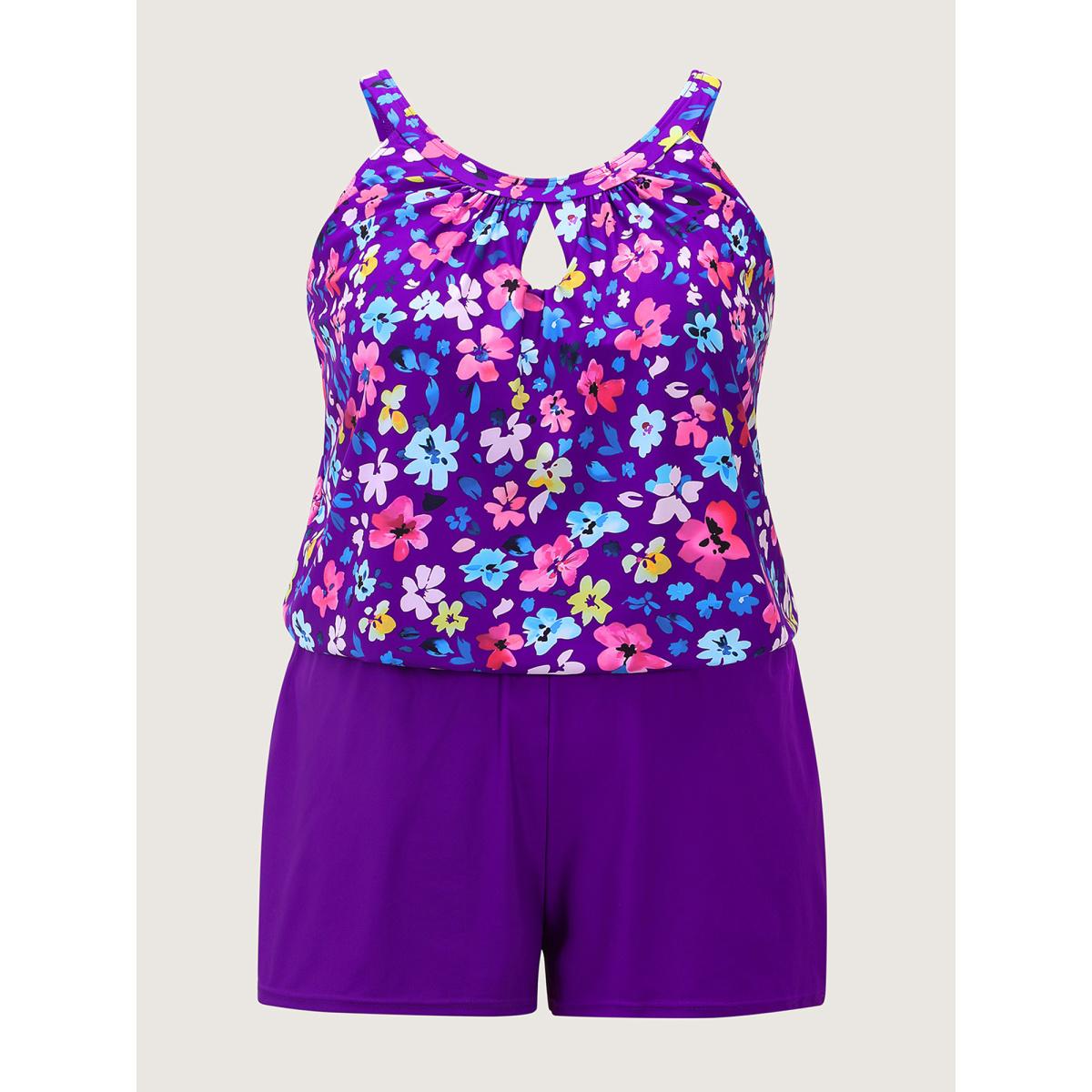 Plus Size Floral Print Keyhole Pockets Swim Romper Women's Swimwear DarkViolet Resort Pocket Curve Bathing Suits High stretch One Pieces BloomChic 12/L Product Image
